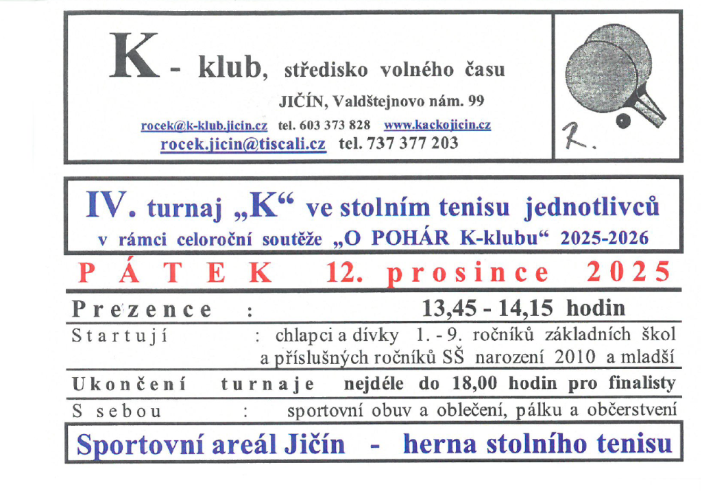 O POHÁR K-klubu  - turnaj stolního tenisu 12.12.2025