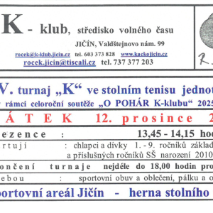 O POHÁR K-klubu  - turnaj stolního tenisu 12.12.2025